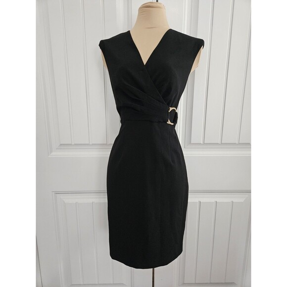 Calvin Klein Black Surplice Sheath Dress With Buckle Size 4 Back Slit - Picture 1 of 9